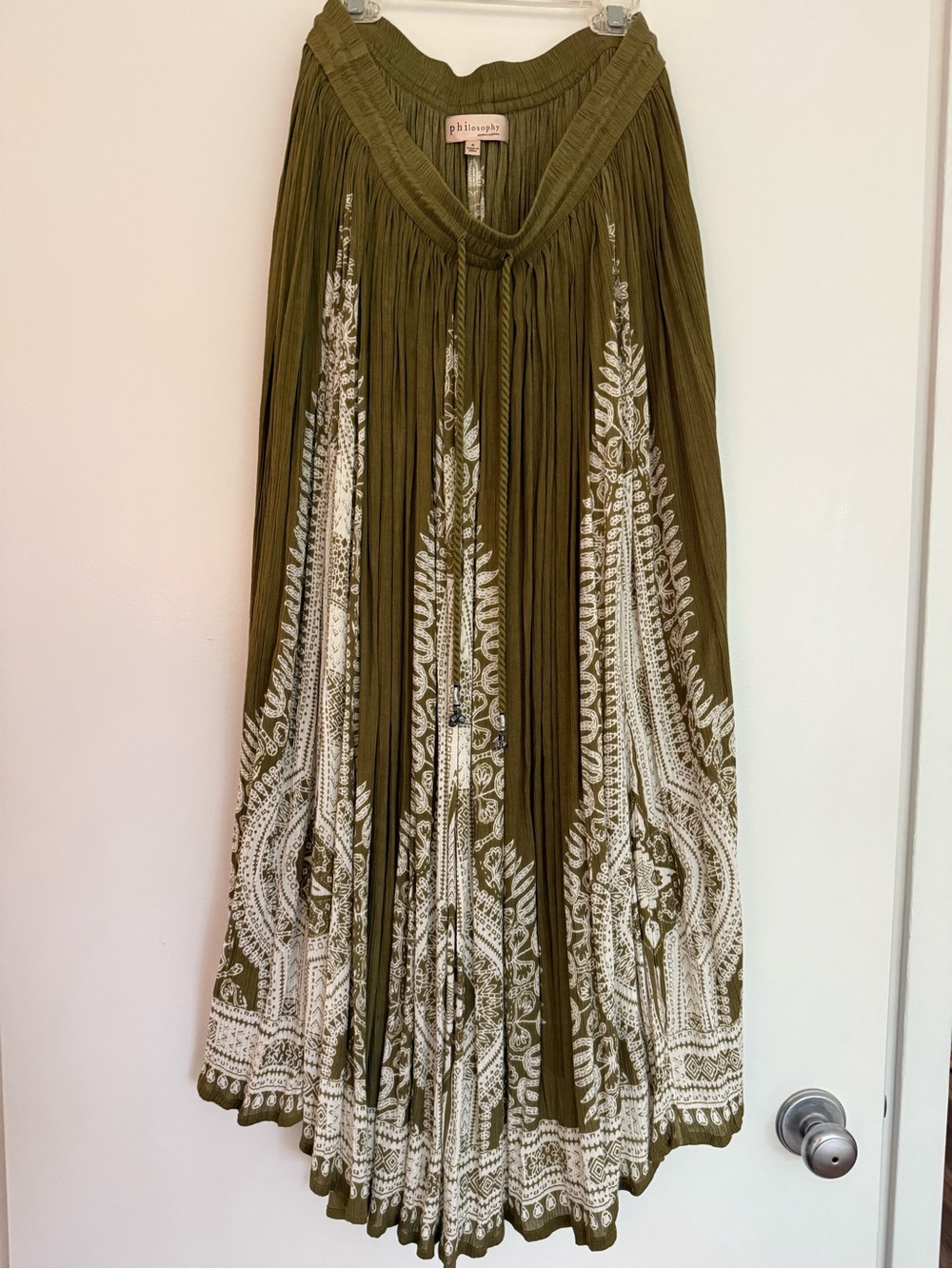 Philosophy Olive Green Maxi Skirt with White Border Print